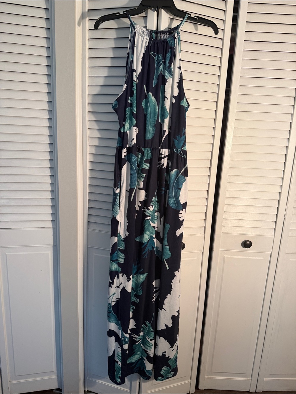 Amazon Navy Halter Jumpsuit with Teal and White Tropical Leaf Print